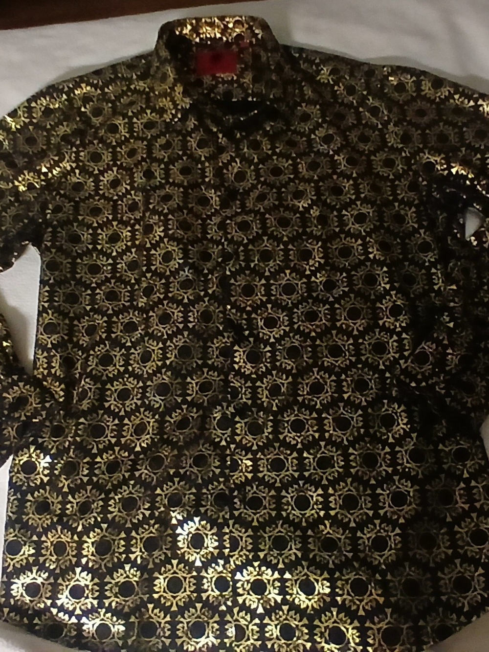 Men's Black and Gold Patterned Long-Sleeve Shirt